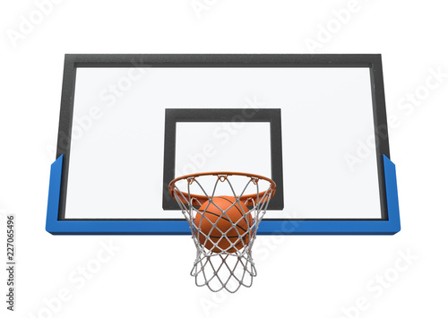 3d rendering of a basketball ball falling inside a basket attached to a transparent backboard. © gearstd