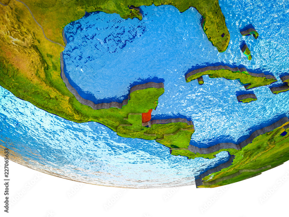 Belize on 3D Earth with divided countries and watery oceans.