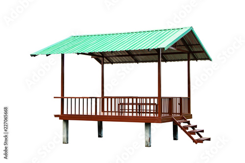 Simple style of pavilion structure created from steel and green roofs from corrugated metal sheet. suitable for relaxing in waterfront garden. isolated on white background. © Panupong