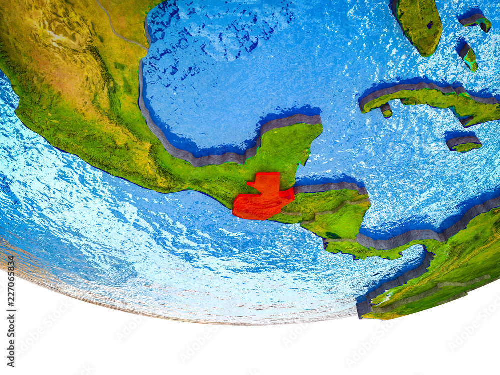 Guatemala on 3D Earth with divided countries and watery oceans.