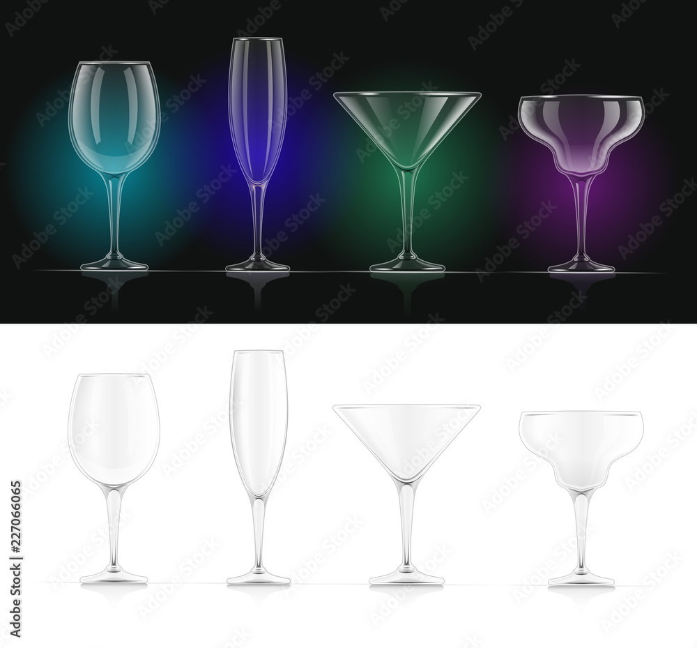 Wine, champagne, martini, margarita cocktail glasses. Alcohol Wine, champagne, martini, margarita cocktail glasses. Alcohol