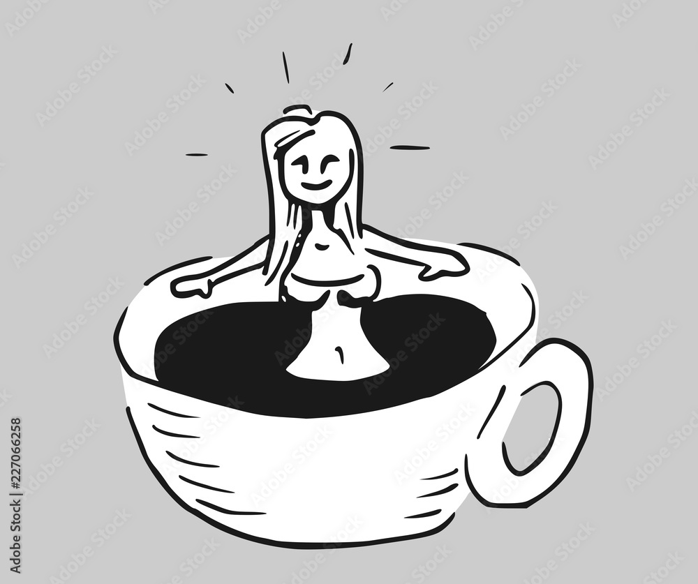 Fototapeta premium Cartoon karakter neemt bad in een mok met koffie
