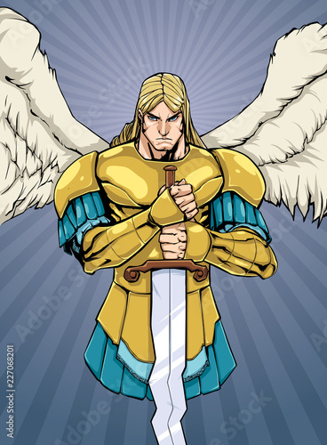 Full color illustration of Archangel Michael holding his sword. 