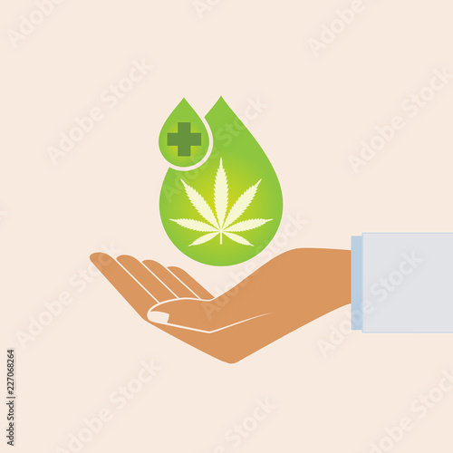 Hand holding oil drop with a marijuana leaf. Medical Cannabis oil. CBD oil cannabis extract. Natural Hemp oil. Icon product label and logo graphic template. Isolated vector illustration.