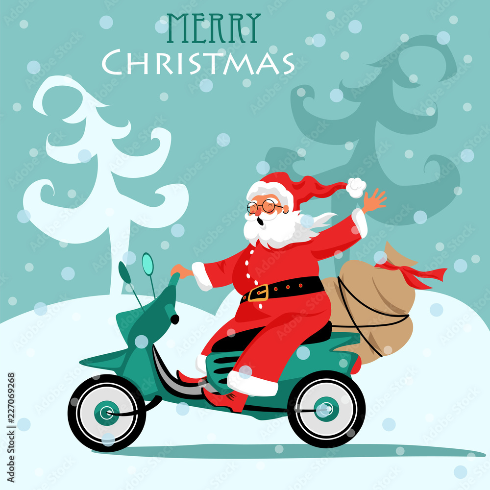 Santa Claus rides a scooter with gifts