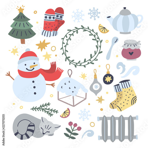 Lovely winter elements. Hygge illustrations with Christmas symbols and cute New Year doodles
