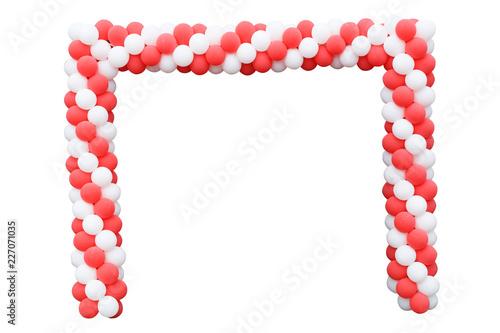 Rectangular arch of balls. A bunch of red and white balloons in the shape of a column isolated on white background. 