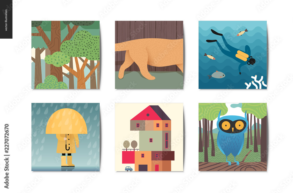 Simple things - cards - flat cartoon vector illustration of forest, kitten tail, scuba diver, sea, ocean, kid in rain, raincoat umbrella, countryside house, owl in woods - summer postcards composition