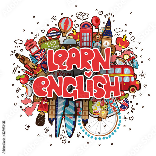 Learn English educational and travelling concept. Learning English vector cartoon illustration. Set of Fun cartooning objects with phrase about Learn English - Concept of English language courses with