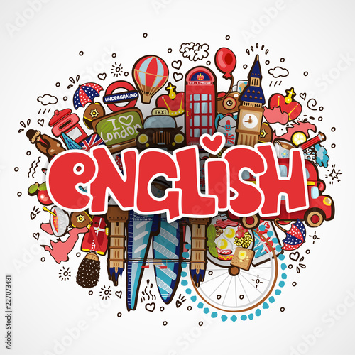 Word ENGLISH on white background with england elements and objects - educational and travelling concept. Vector fun cartoon illustration with word English and national objects. Set of Fun cartooning