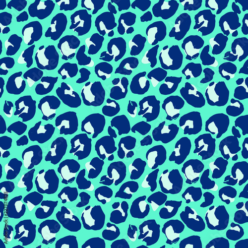 Vector illustration leopard print seamless pattern. Blue hand drawn background.