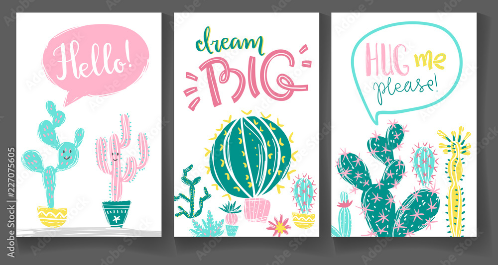 Collection of greeting cards with hand drawn cactus. Bright exot