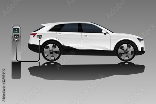 White electric SUV is charging from the charging station. Vector illustration EPS 10