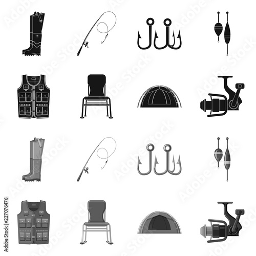 Vector design of fish and fishing logo. Collection of fish and equipment stock vector illustration.