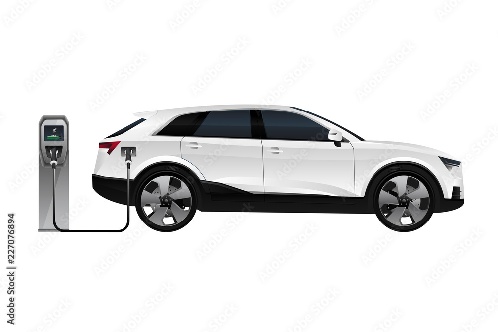 White electric SUV is charging from the charging station. Vector illustration EPS 10