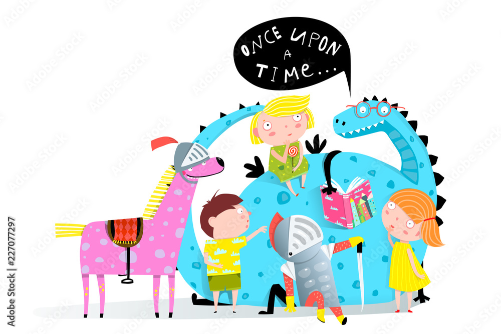 Fairy tale funny dragon reading book to children and knight with horse. Fairy tale funny dragon reading book to children and knight with horse.
