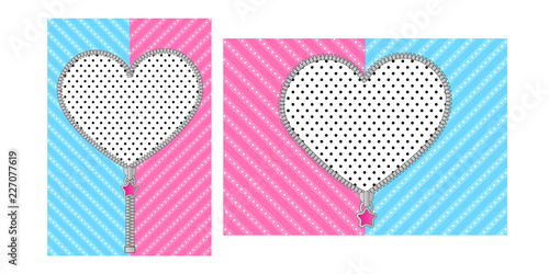 Open heart zipper with cute lock on bright blue pink background. Striped pattern for Lol Doll Surprise girly party. Birthday invitation template with round zip. Unzipped vector border design element 