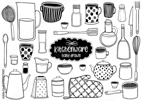 Set of kitchenware and utensils hand drawn vector illustrations modern drawing style, isolated on white background. Cooking kitchen background.