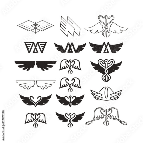 Wings vector set. Wing icon collection with vintage logo style.