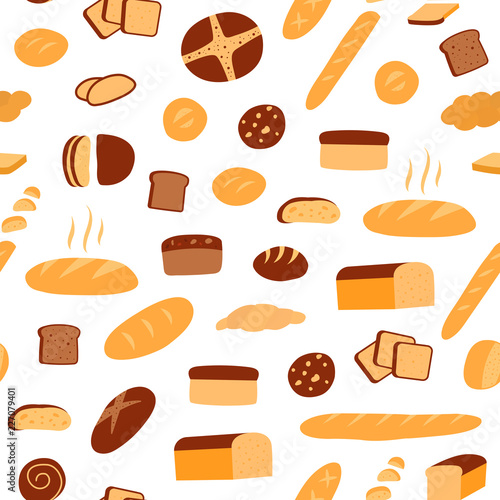 Vector seamless pattern of different kinds of bread. Bakery prod