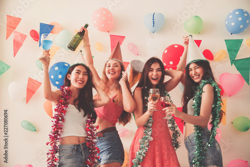 Photography party time of beautiful women drinking alcohol champagne celebrating new year, b