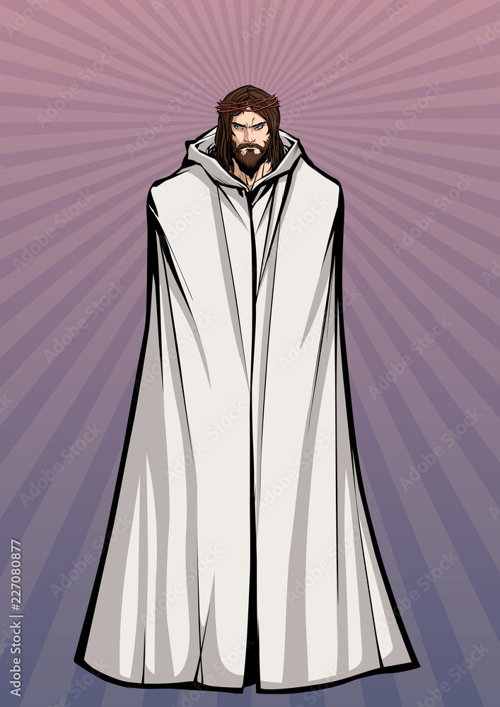 Full length illustration of Jesus Christ wearing crown of thorns and looking at you with serious expression.