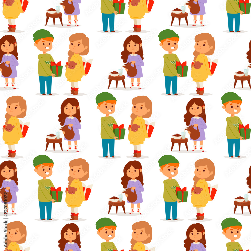 Christmas kids vector character playing winter games winter children holidays christmas tree cartoon new year xmas kid seamless pattern background Christmas kids vector character playing winter games winter children holidays christmas tree cartoon new year xmas kid seamless pattern background