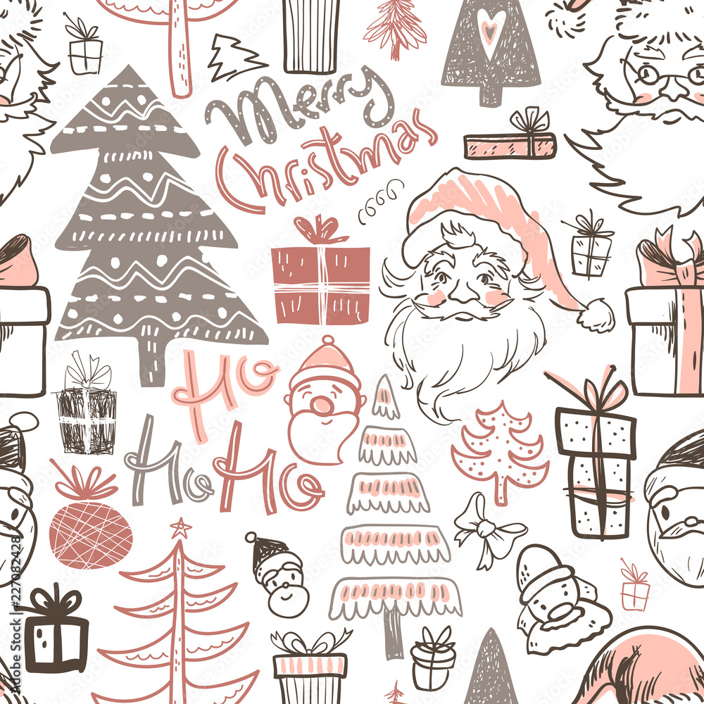 Winter holiday seamless pattern with doodle hand drawn Santa, tr