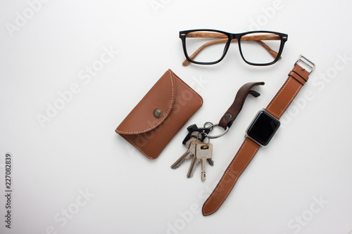Objects made by brown on white background.Top view