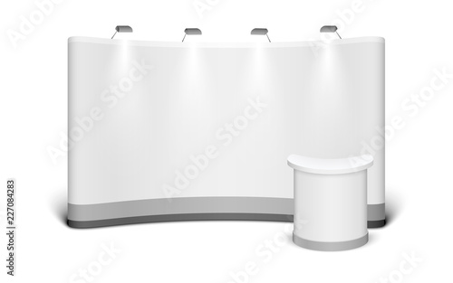 Trade Exhibition Stand mock up isolated on white background. White creative exhibition stand design for Presentation. Vector illustration EPS10