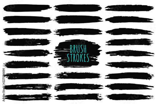 Brush strokes collection. Hand drawn brush strokes, black paint strokes and ink lines. Design elements, text boxes and banners with grunge texture