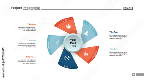 Five fan blades process chart slide template. Business data. Workflow, step, design. Creative concept for infographic, presentation, report. For topics like management, production, planning.