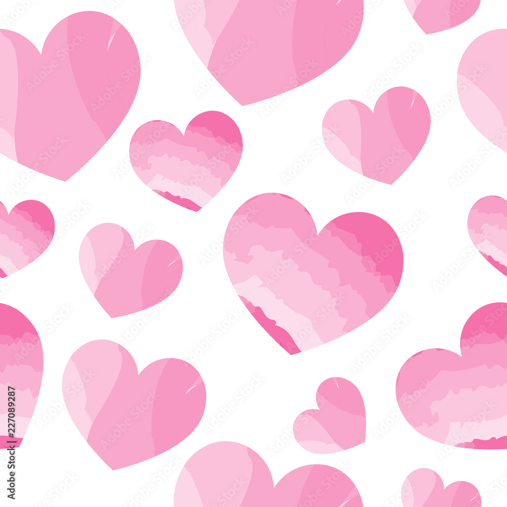 Pink hearts with watercolor effect. Seamless pattern