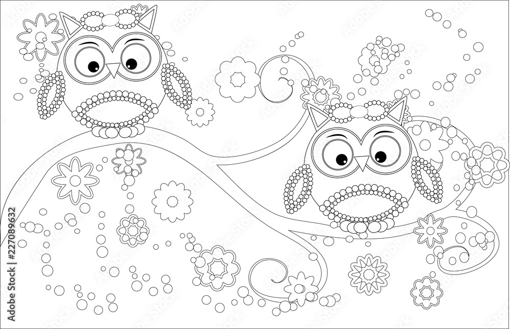 Fototapeta premium Coloring book for adult and older children. Coloring page with cute owl and floral frame. Outline drawing in zentangle style