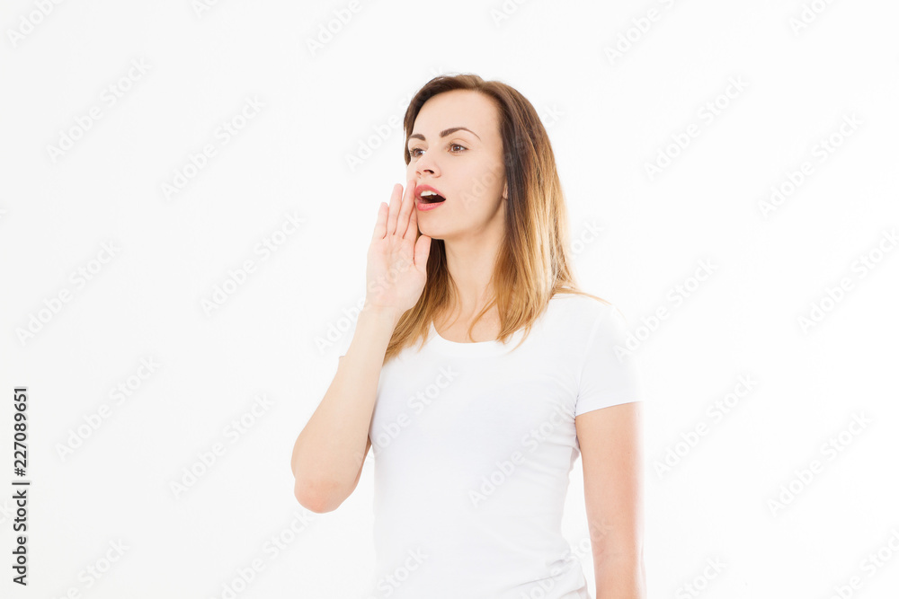 Caucasian young woman shouting hot news. gossip girl isolated on white background. Summer t shirt template blank. Copy space Caucasian young woman shouting hot news. gossip girl isolated on white background. Summer t shirt template blank. Copy space
