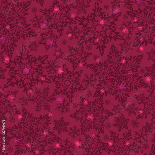 Christmas pattern of dark snowflakes on a burgundy background. As a packing material or background.