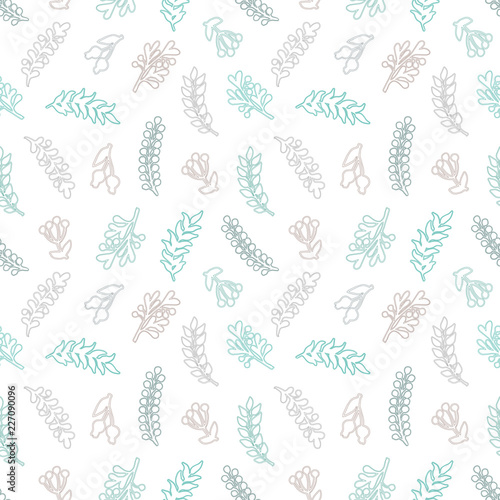 Seamless hand-drawn vector floral pattern with greens, branches and berries