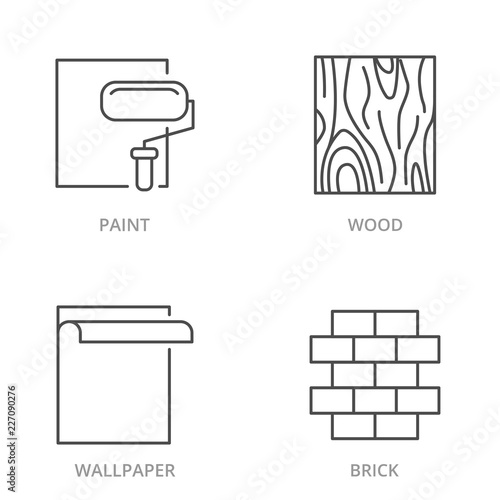 Repair materials surfaces: paint, wood, wallpaper, brick. Icons set