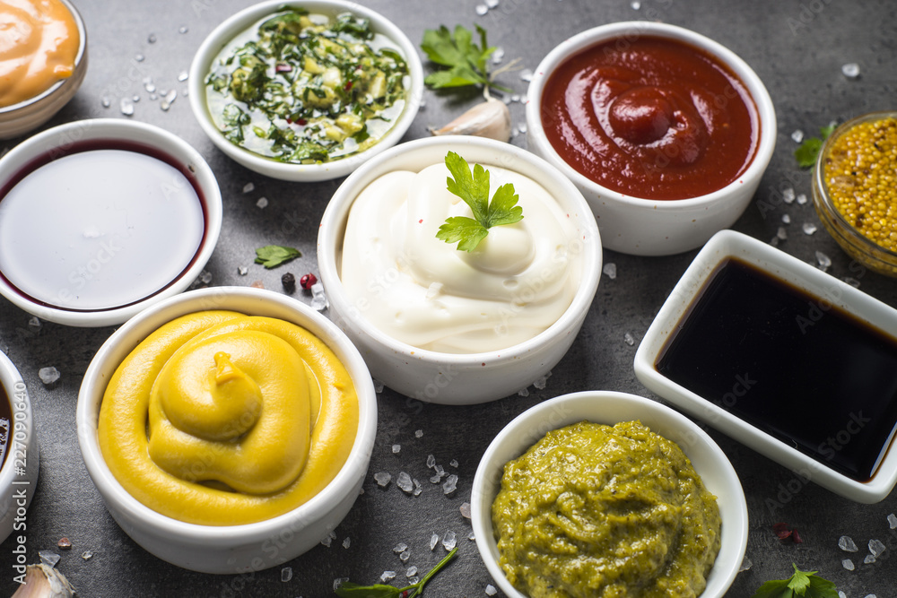 Sauce set assortment - mayonnaise, mustard, ketchup and others. Sauce set assortment - mayonnaise, mustard, ketchup and others.