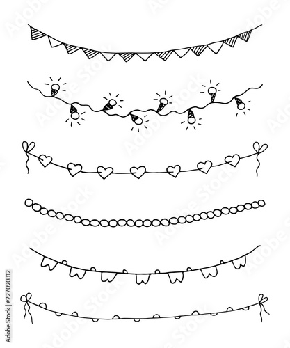 Set of hand drawn sketch garlands with flags and light bulbs.