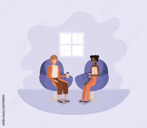 women sitting on sofa with coffee avatar character