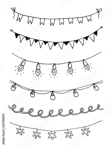 Set of hand drawn sketch garlands with flags and light bulbs.