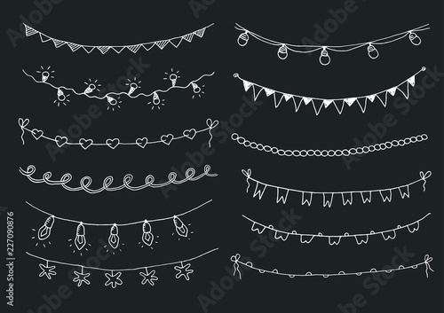 Set of hand drawn sketch garlands with flags and light bulbs.