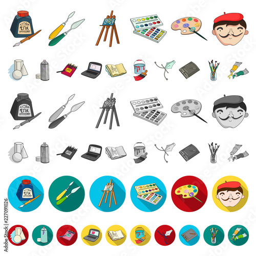 Painter and drawing cartoon icons in set collection for design. Artistic accessories vector symbol stock web illustration.
