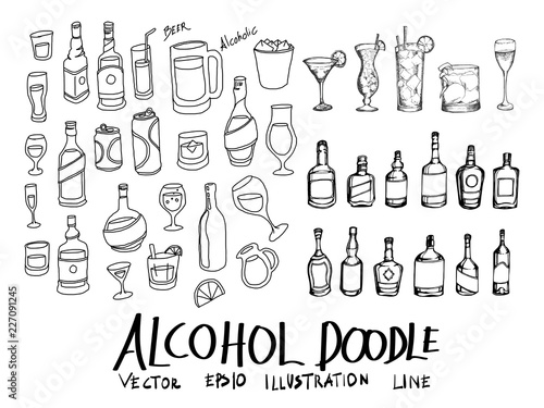 Set of vector alcohol doodle drawing icon Collection on white background eps10
