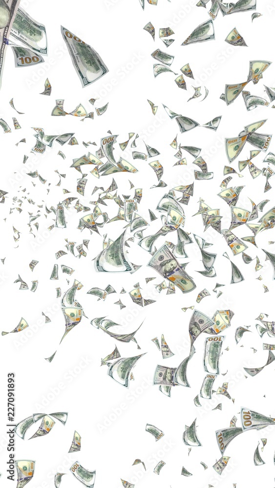 Flying dollars banknotes isolated on a white background. Money is flying in the air. 100 US banknotes new sample. 3D illustration Flying dollars banknotes isolated on a white background. Money is flying in the air. 100 US banknotes new sample. 3D illustration