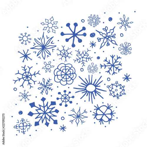 Set of hand drawn sketch snowflakes.