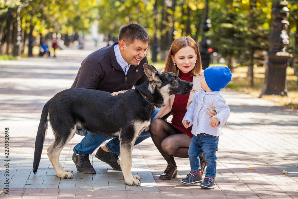 family weekend trip. Mom, dad, son and dog. The first steps of the ...
