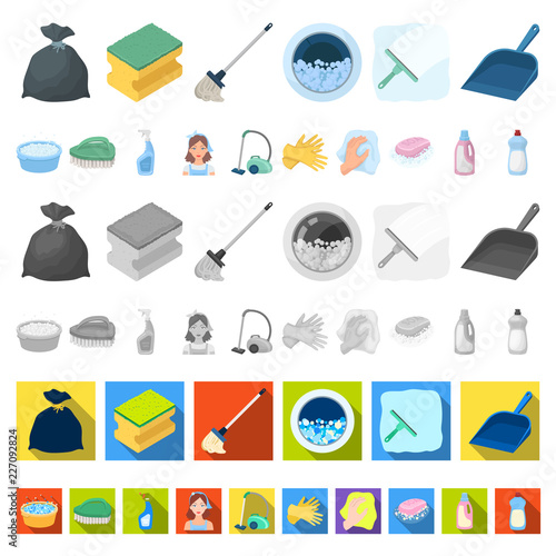 Cleaning and maid cartoon icons in set collection for design. Equipment for cleaning vector symbol stock web illustration.