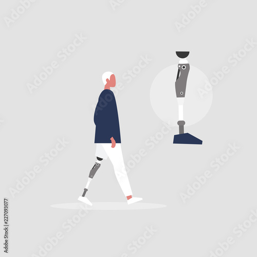 Young male character with prosthetic lower limb. Modern disabled people. Lifestyle. New technologies. Flat editable vector illustration, clip art